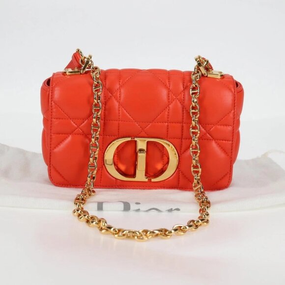 Christian Dior CARO Calo Microcannage Shoulder Bag Leather Orange Auth 121261M - Picture 1 of 15